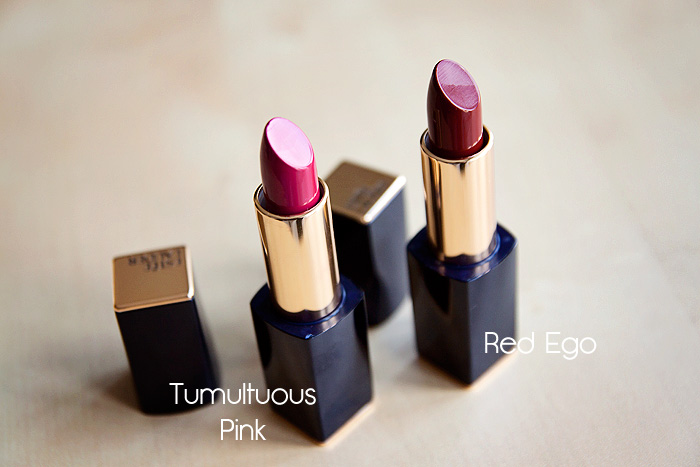 Estee Lauder Pure Color Envy Sculpting Lipstick in Red Ego and Tumultuous Pink Review Swatch 02